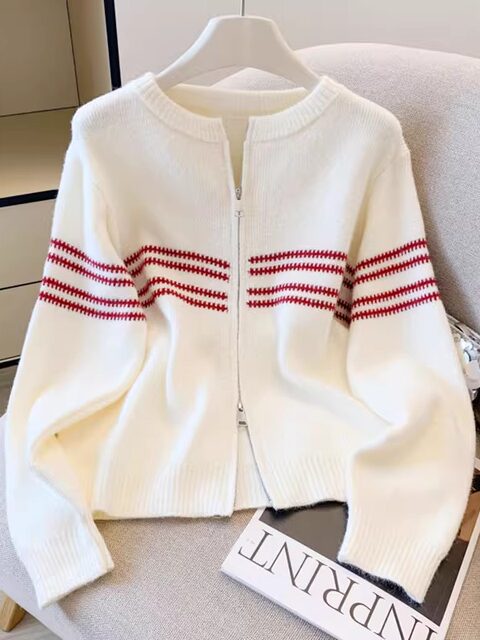 Korean Fashion Double Zipper Striped Long-Sleeved Sweater Jacket for Women Autumn and Winter New Style Simple Casual Versatile Knitted Cardigan