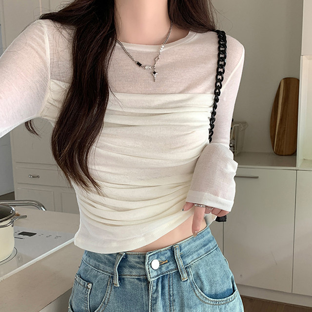 Sheer Mesh Patchwork Round Neck Long Sleeve Slightly See-Through T-Shirt for Women, New Spring and Autumn Style, Subtle Pleats, Slim Fit Short Top