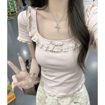 Sweet Girly Style Exquisite Lace Trim Square Neck Short-Sleeve T-Shirt for Women, New Summer Trendy Ruffled Edge Top