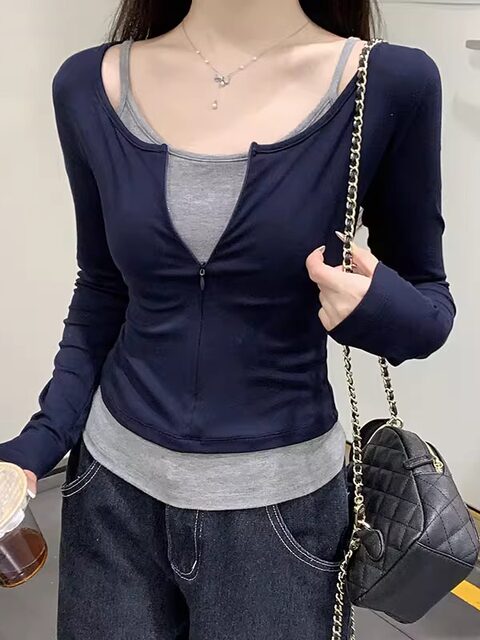 Korean Style Pure and Alluring Half-Zip U-Neck Long-Sleeve T-Shirt for Women, New Autumn Style, Layered with Camisole Tank Top Two-Piece Set