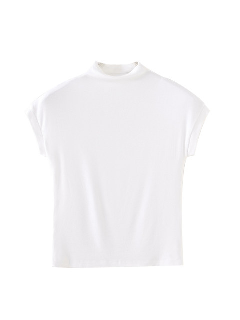 Chic, Bust-Enhancing, Half-High Collar Ribbed T-Shirt for Women, Short-Sleeved, White, New Summer Korean Style, Slim-Fit Stand-Up Collar Top, Trendy ins