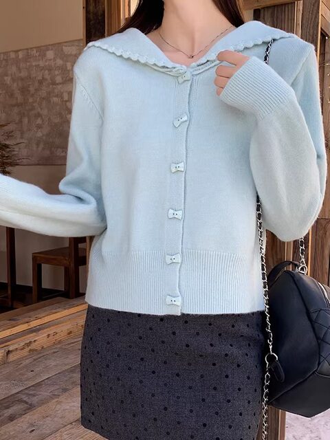 College Style Sweet Lace Navy Collar Knitted Cardigan for Women Autumn and Winter New Style Lazy Style Sweater Jacket for Female Students Trendy