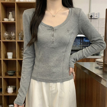Exquisite Letter Embroidery Round Neck Long-Sleeve T-Shirt for Women, New Spring Design with Fishbone Pattern, Slim Fit Sweetheart Neckline Versatile Top