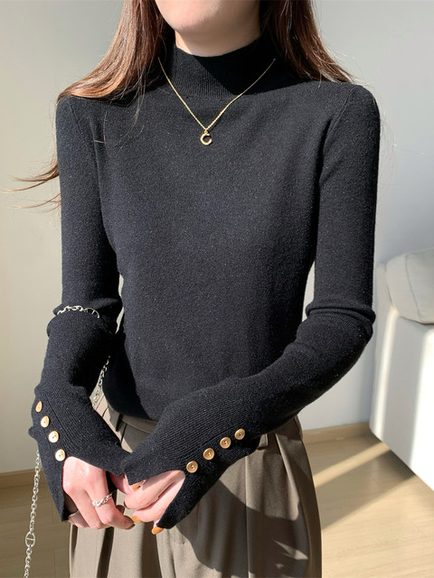 Slim-Fit Elegant Button Cuff Slit Design Knit Sweater for Women, New Autumn Half-Turtleneck Andy Velvet Base Sweater