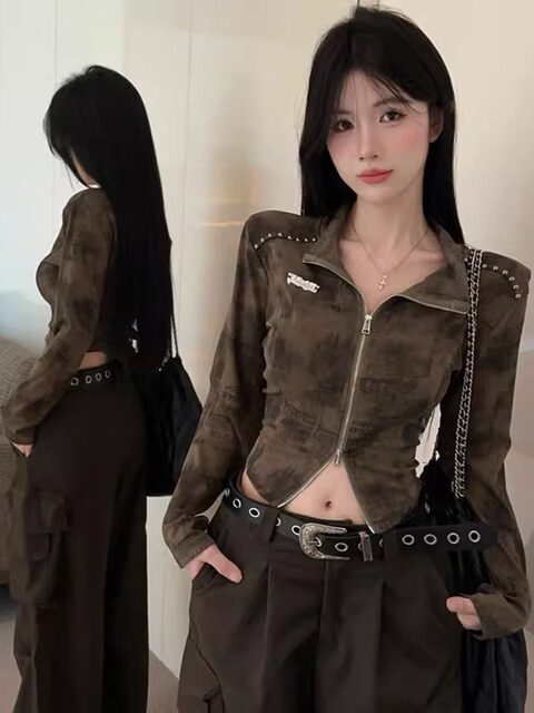 American Retro Tie-Dye Print Stand-Up Collar Long-Sleeve Cardigan for Women, New for Autumn, Irregular Hem, Double Zipper, Crop Top