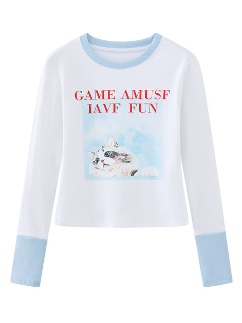 Cat Print Color-Block Round Neck Long-Sleeve T-Shirt for Women, 2026 Spring New Korean Style, Age-Reducing, Slim-Fit, Slimming Base Shirt