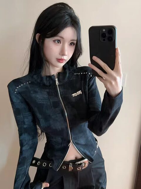 American Retro Tie-Dye Print Stand-Up Collar Long-Sleeve Cardigan for Women, New for Autumn, Irregular Hem, Double Zipper, Crop Top