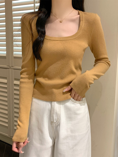 Gentle Temperament, Square Collar, Slim-Fitting Long-Sleeved Knitwear for Women, Andy Velvet Inner Layer, New Autumn Style Korean Style Simple Sweater