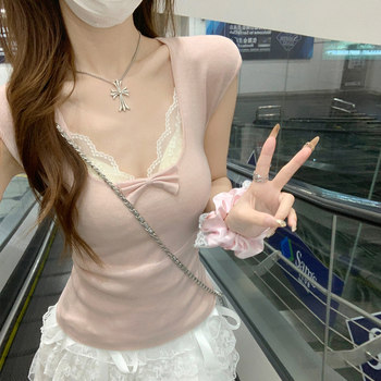 Pure Desire Style Square Neck Bow Pink Short-Sleeved Knit Top for Women, New Summer Slim Fit Sweet Lace Vest for Women, Trendy
