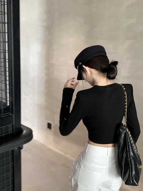 Trendy Rhinestone Shoulder Pad Base Shirt for Women, Spring New Korean Style Slim Fit Sexy Long-Sleeve T-Shirt for Petite Women