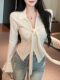 Pure Desire Design Lace-Up Lapel Flared Sleeve Lace Blouse for Women, New Winter Style with Irregular Hem, Slim Fit, Cinched Waist Top