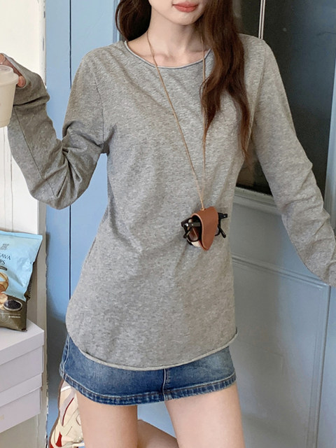 Elegant Rolled-Edge Round-Neck Simple Long-Sleeve Sun-Protective T-Shirt for Women, Early Spring New Korean-Style Blue Slim-Fit Versatile Base Shirt
