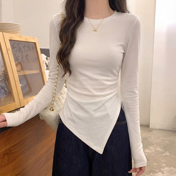 Irregular Hem, Tummy-Covering, Slim-Fit, Shoulder-Padded, Long-Sleeved T-Shirt for Women, New Spring Style, Versatile Round-Neck White Base Shirt