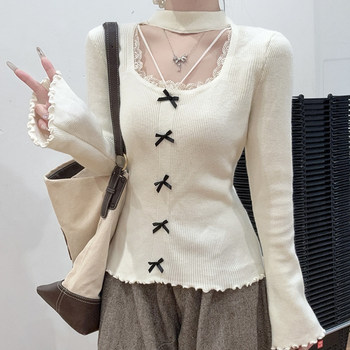 Gentle Lace-Trimmed Halter Neck Square-Neck Flared Sleeve Knit Sweater for Women, New Winter Style Sweet Slim-Fit Sweater