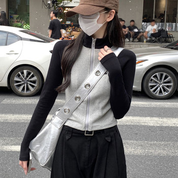 Korean Style Sporty Stand-Up Collar Color-Block Raglan Sleeve Cardigan for Women 2026 Spring New Short Zip-Up Top for Petite Figures