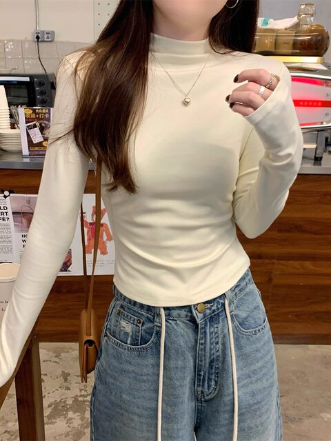 Half-High Collar Slim Fit Pleated Design Long-Sleeve Base Shirt for Women, New Autumn Korean Style Fresh Blue Short Top