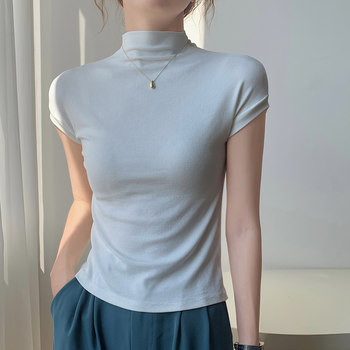 Pure Desire Style White Half-High Collar Ribbed T-Shirt for Women, Short-Sleeved, Summer New Korean Version, Slim Fit Stand-Up Collar Base Shirt