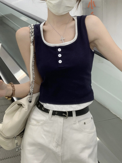 Energetic Sweet Girl Fake Two-Piece Camisole for Women, New Summer Style with Color-Block Design, U-Neck Sleeveless Tank Top T-Shirt