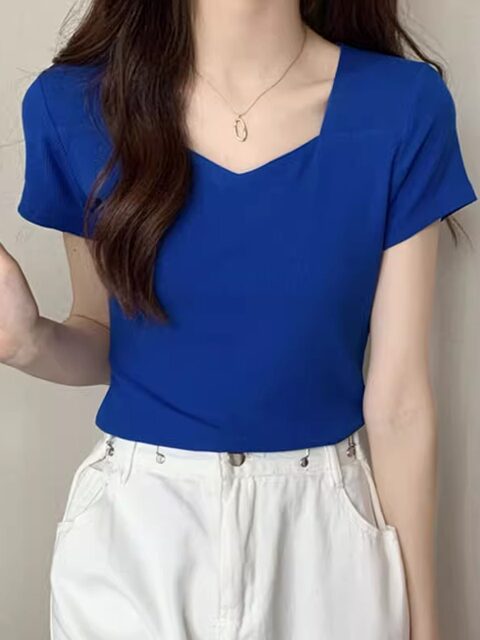Klein Blue V-Neck Collarbone-Exposing Short-Sleeve T-Shirt for Women, Slim Fit, 2025 Summer New Korean Style, Simple and Versatile Top
