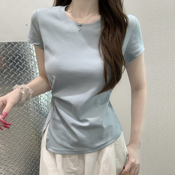Korean-Style Fresh Blue Round-Neck Short-Sleeve T-Shirt for Women, New Summer Design with Twist Knot and Slit, Slim-Fit Waist-Cinching Top