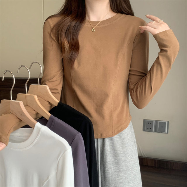 Chic Fishbone Patchwork Brushed White Base Shirt for Petite Women, New Autumn and Winter Korean Style Slim-Fit Long-Sleeve T-Shirt for Women