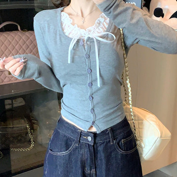 Pure Desire Style Lace Splicing Tie-Up Round Neck Long-Sleeve Faux Two-Piece Women's New Spring Korean Version Slim-Fit Short Top