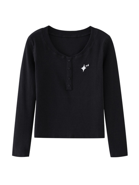 Personalized Star Embroidery Button-Down Round Neck Black Ribbed T-Shirt for Women, New Spring Korean Style Slim-Fit Base Shirt for Commuting