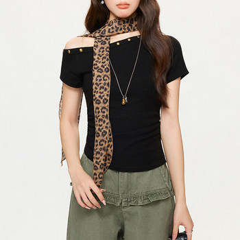 Design-Inspired Pleated Waist-Cinching Irregular Short-Sleeve T-Shirt for Women, New Summer Style with Unique Rivets, Spicy Girl Style, Asymmetrical Neckline Top, Ins