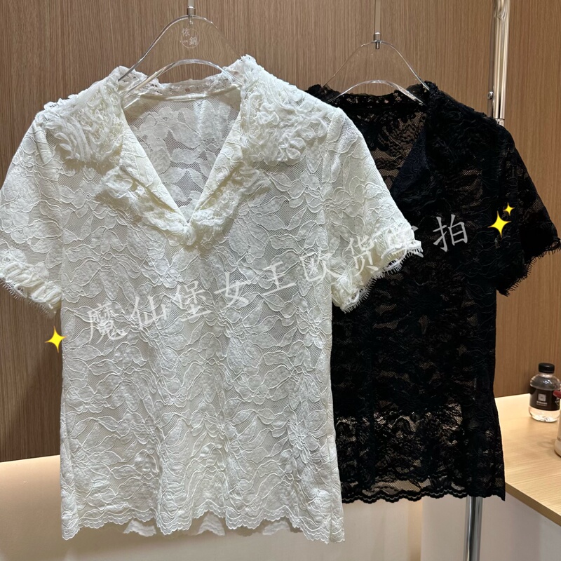 Magic Fairy Castle Queen European Style Summer French Lace V-Neck Short Sleeve Lace Pullover Slim Fit T-Shirt for Women