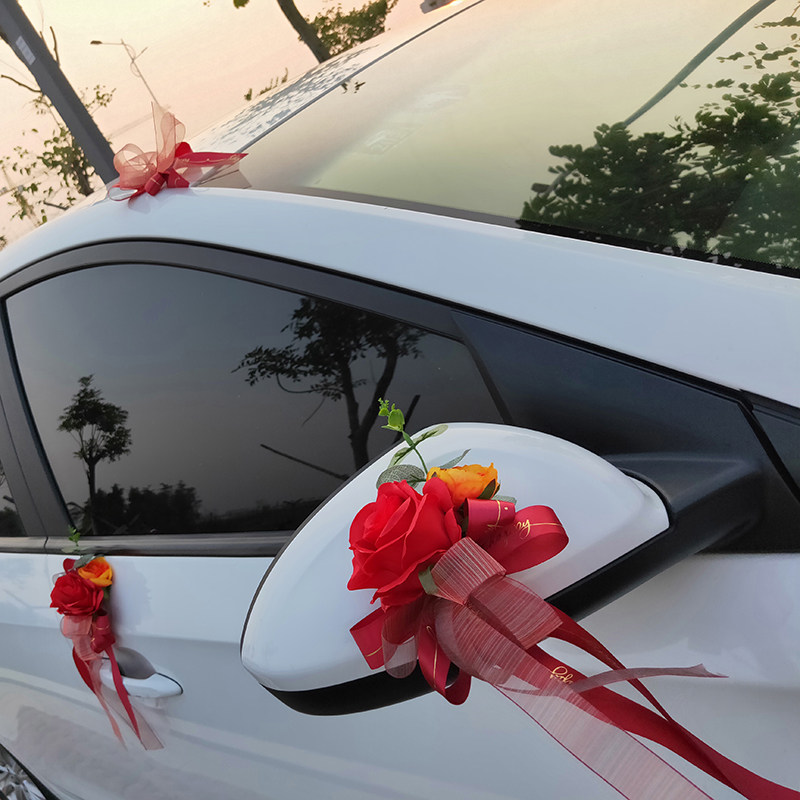 Sub-car decoration float door rearview mirror flower team set snow yarn ribbon brushed ribbon wedding ceremony decoration