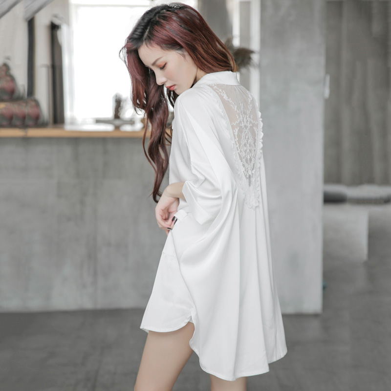 Mulberry Silk Nightdress Feminine Long Lace Thin White Shirt Loose Silk Spring and Autumn Pajamas Spring Summer