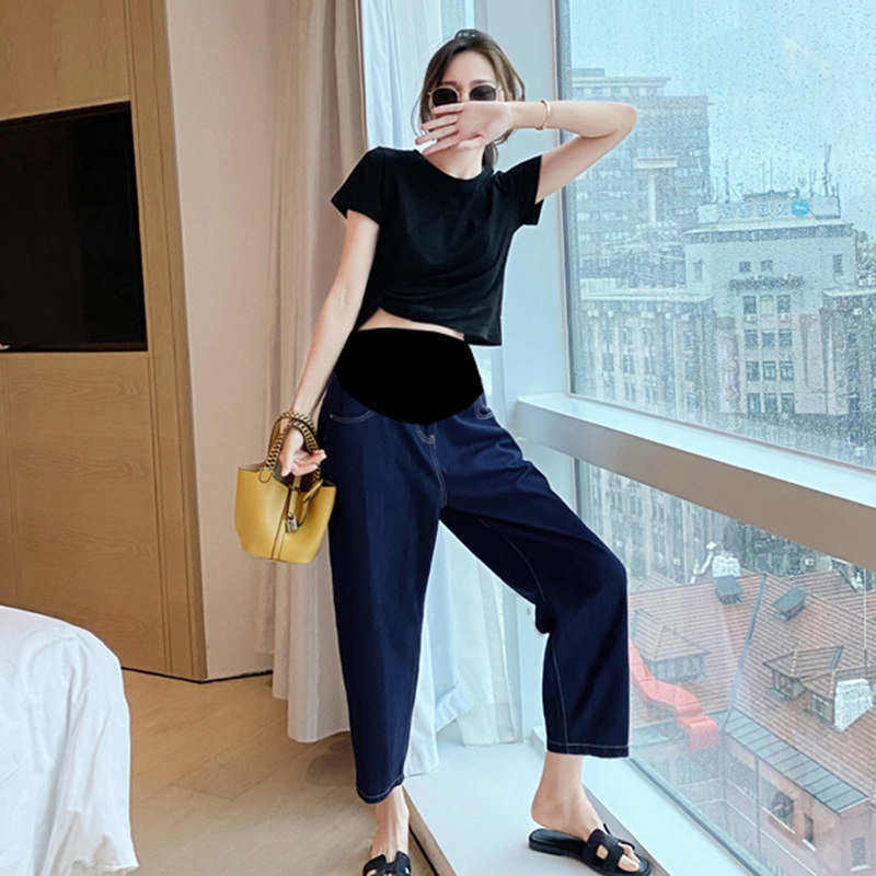 Pregnant woman denim ankle-length pants spring summer thin outside wear summer loose thin straight wide leg leisure ankle-length pants