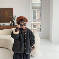 Boy 2021 new winter dress plaid padded jacket small child forest line plus velvet coat baby Foreign style bread suit