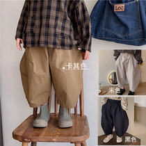 Boy 2022 Spring Autumn New Pure Color All-cotton Light Cage Pants Mid-Boy Fat Baby Loose Broadleg Casual 90% Pants