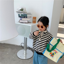 Boy 2022 fall new full cotton stripe Semi-high collar sweatshirt female baby Yangqi overboard jacket jacket jacket