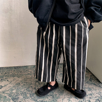 Boy 2022 new spring autumn full cotton vertical striped straight tube pants mid-boy foreign air Han version casual broadleg 90% pants