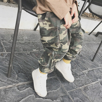 Boys new spring camouflage pants 2021 small children tide version pocket overalls pants baby handsome casual tie pants