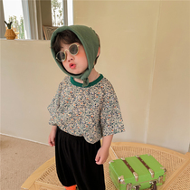 Boys 2021 summer new chiffon floral round neck short sleeve T-shirt female baby foreign-style bat half-sleeve shirt top