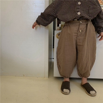 Muchen home 2021 boys autumn new solid color cotton hemp pants small children Mori vintage wide leg ankle-length pants
