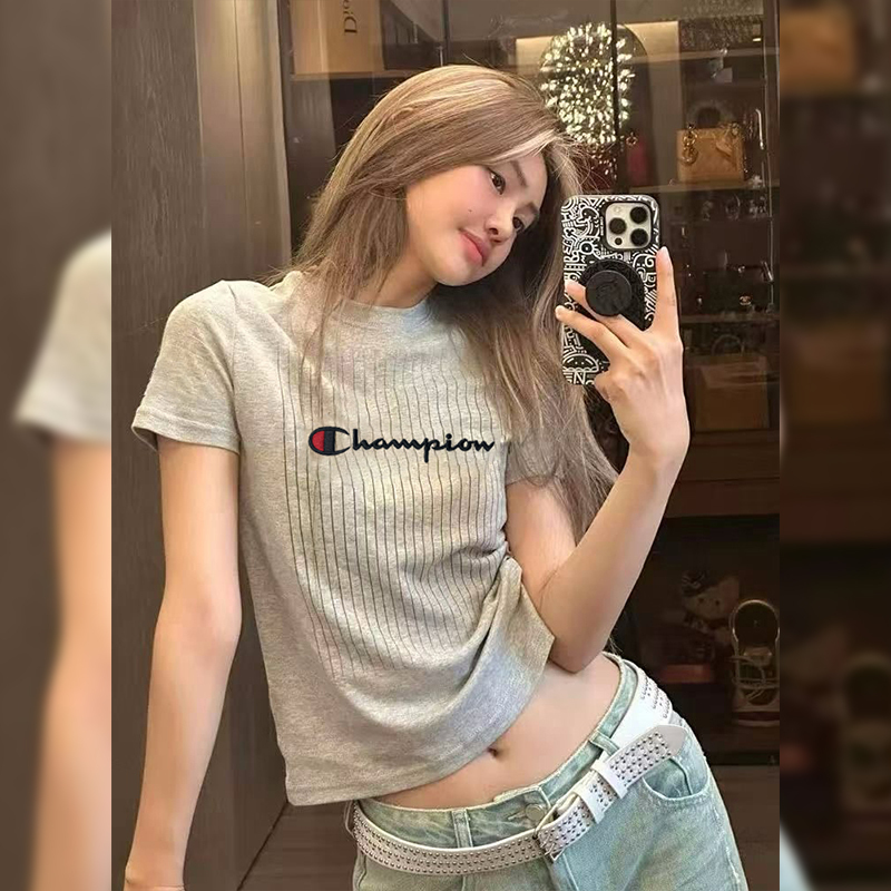 Japanese Trendy Brand Champion 2026 Summer Gray Embroidered Short-Sleeve T-Shirt for Women, Slim Fit, Short Top ins Japanese Trendy Brand Champion 2026 Summer Gray Embroidered Short-Sleeve T-Shirt for Women, Slim Fit, Short Top ins