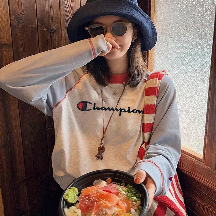 Japanese Champion Brand Spring New Color-Block Raglan Long-Sleeve T-Shirt for Women, Loose Fit, Slimming, Versatile Base Shirt Top