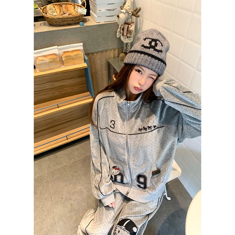 Xue Kekai Gray Polka Dot Kt Sweatshirt Set for Women, Loose Cardigan Jacket, Casual Sweatpants, Sporty Two-Piece Set