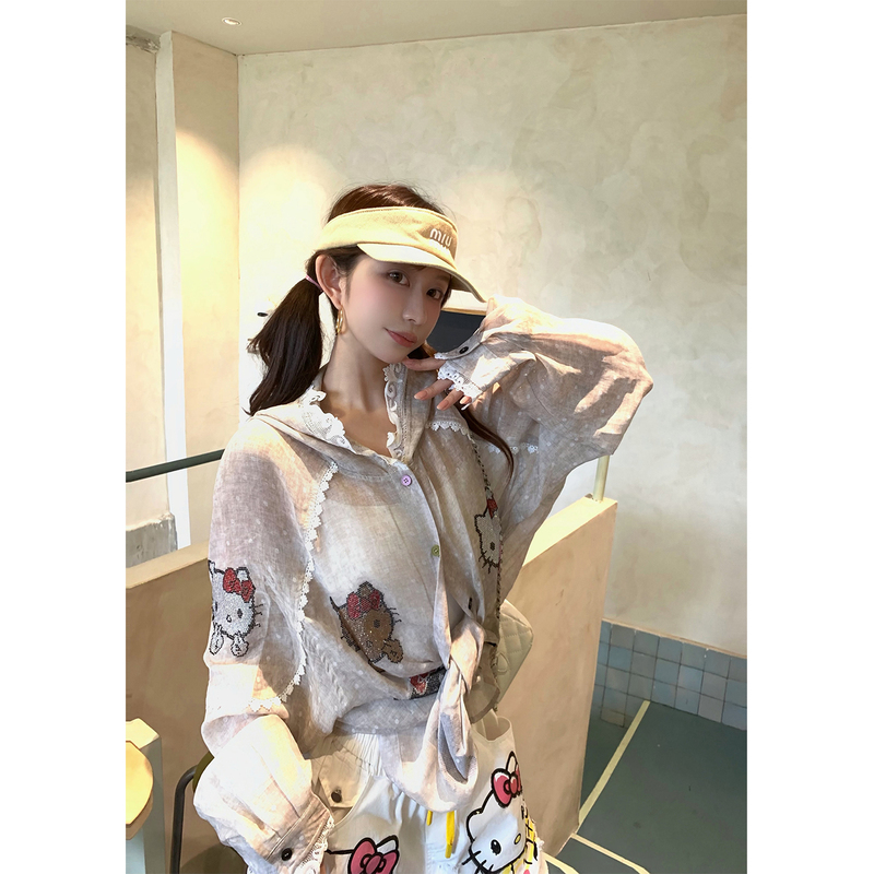 Xue Kekai Picture-Style Colorful Kitty Rhinestone Sun-Protective Printed Hooded Long-Sleeve Jacket for Women, Summer Thin Loose Top