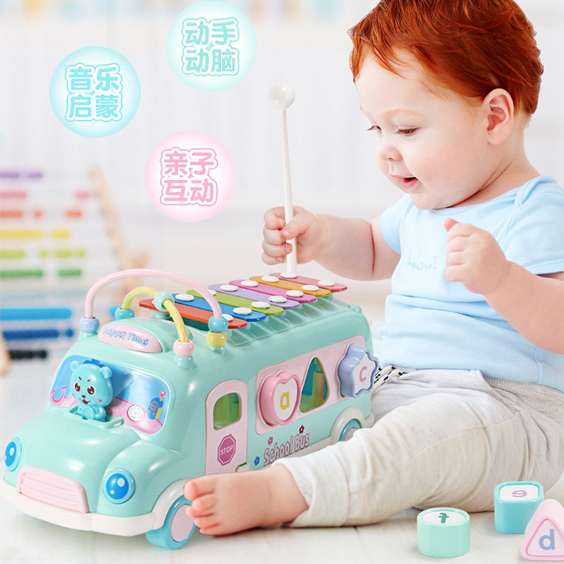 Children's hand knock piano Baby puzzle Xylophone school bus graphic matching multi-function car model music toy