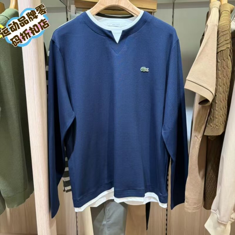 Lacoste French Crocodile 2026 Autumn New Men's Casual Fake Two-Piece Round Neck Long-Sleeved T-Shirt Th2589