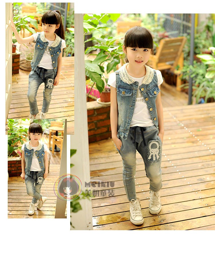 2018 mùa xuân và mùa thu mô hình ngọc trai cổ áo denim vest bé áo khoác cô gái trẻ em quần áo trẻ em vest thời trang vest