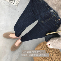 Real wear versatile ~ huge high thin dark jeans retro blue straight tube small man nine foot pants autumn