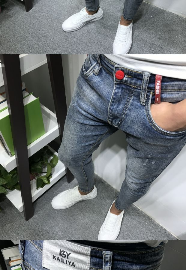 Dòng đàn ông mùa hè mới tự tu retro chân cũ chín điểm quần jeans nam xã hội nhanh tay đỏ nổ quần nam