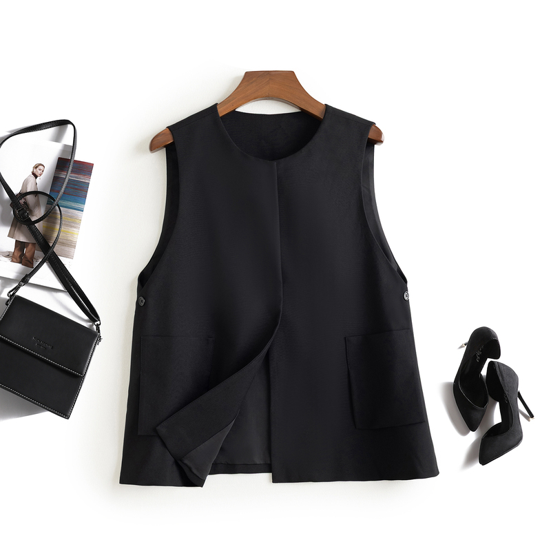 G Above 1K! Factory P Brand Material! Simple and Elegant Black Vest for Women, Round Neck, A-Line, Sleeveless Jacket G Above 1K! Factory P Brand Material! Simple and Elegant Black Vest for Women, Round Neck, A-Line, Sleeveless Jacket