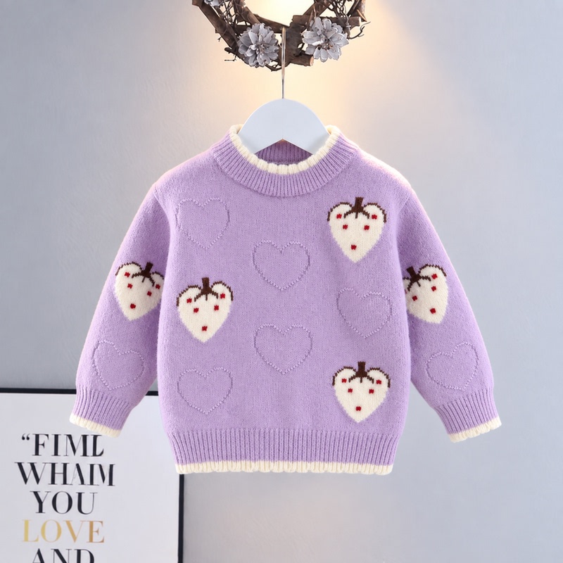 Girls' Strawberry Jacquard Sweater Autumn and Winter Baby Ruffle Collar Knit Top Children's Heart Pattern Pullover Sweater